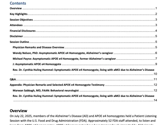 Report cover of Addressing Alzheimer's Disease and the Needs of APOE e4 Homozygotes: Patient-Led Listening Session with the FDA (July 22, 2025)